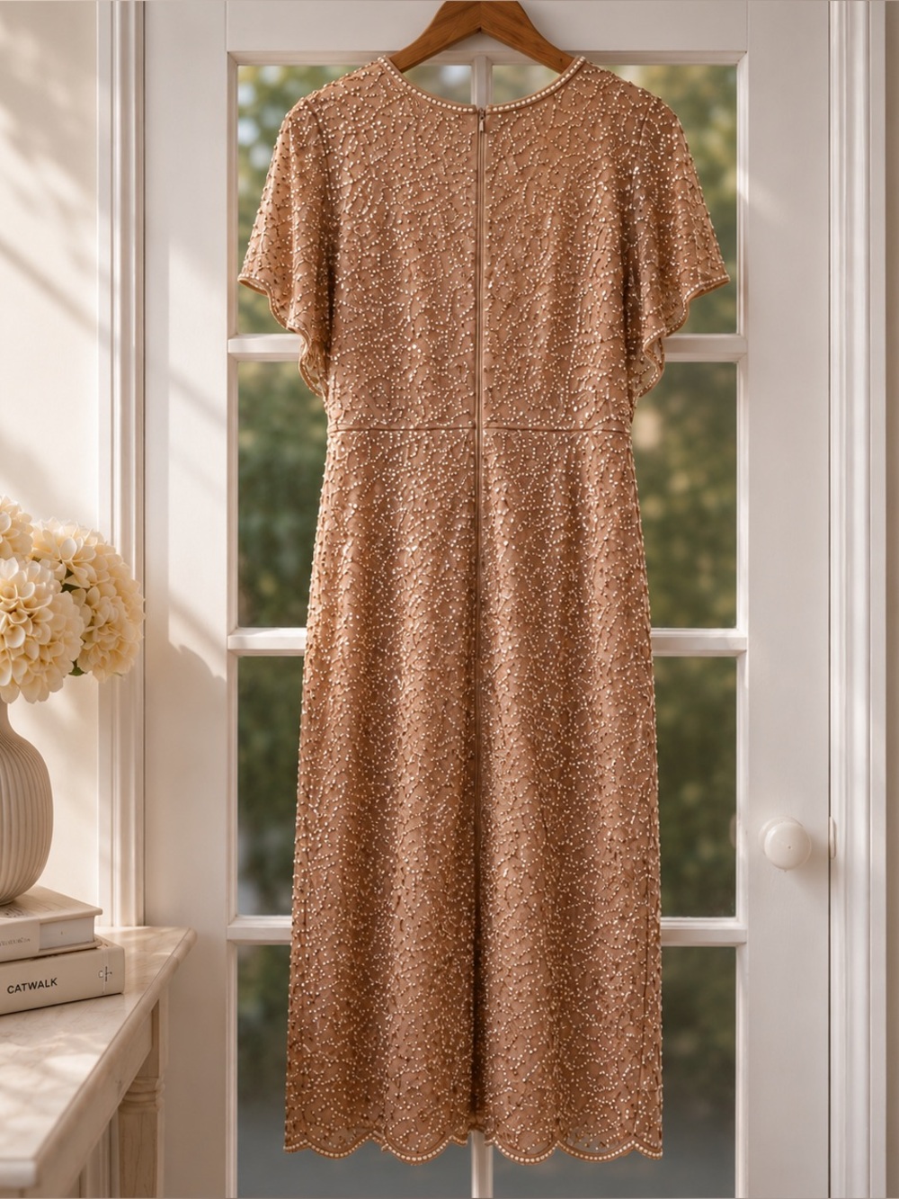 Rose Gold Sequin Beaded Midi Dress Vintage Glam Cocktail Party Dress - Picture 2 of 3